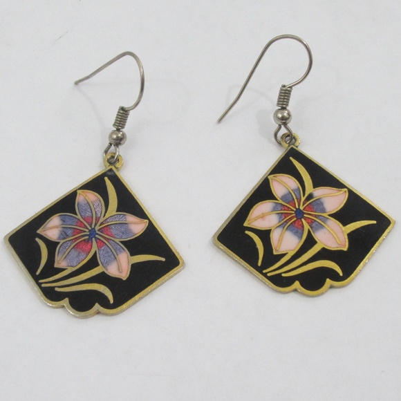 Vintage Jewelry - VTG Cloisonne Flower Fan Dangle Earrings Blk *Z33